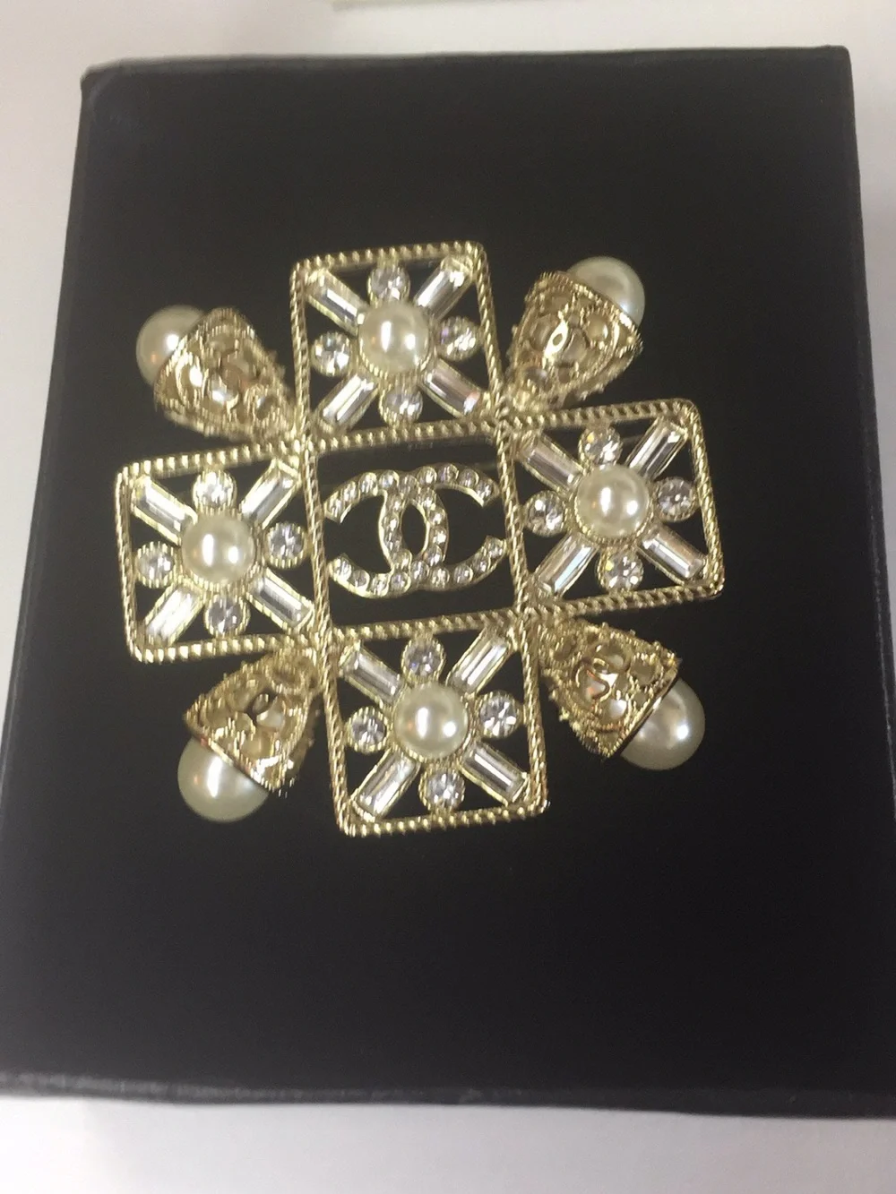 CHANEL Gold and Pearl Crystal CC Cross Brooch